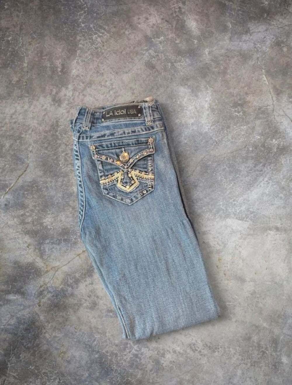 2000s Y2K Bedazzled LA Idol Flared Embroidered Blue Jeans